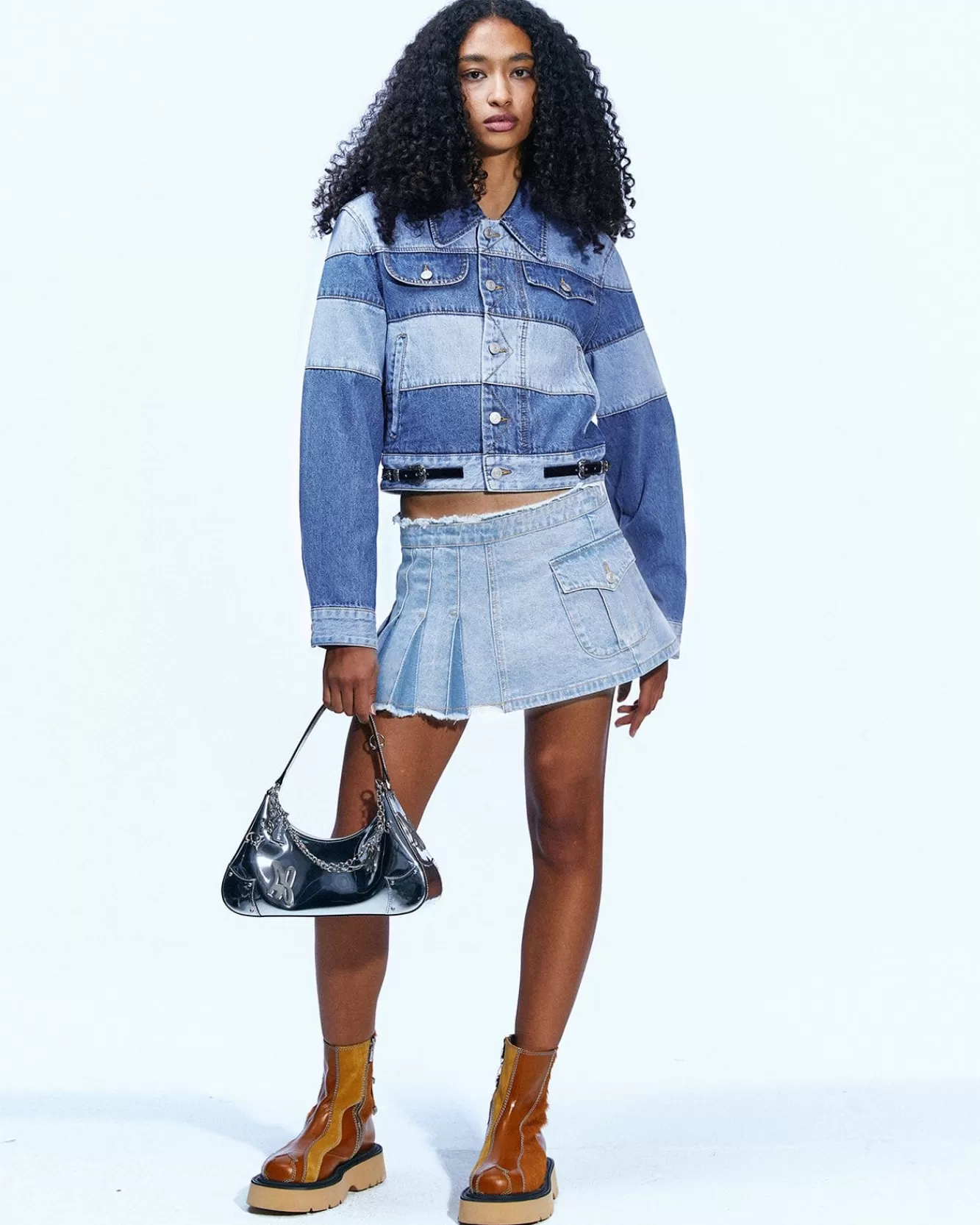 Women Andersson Bell Apron Wrap Pleats Denim Skirt Apa606W(Washed Blue)
