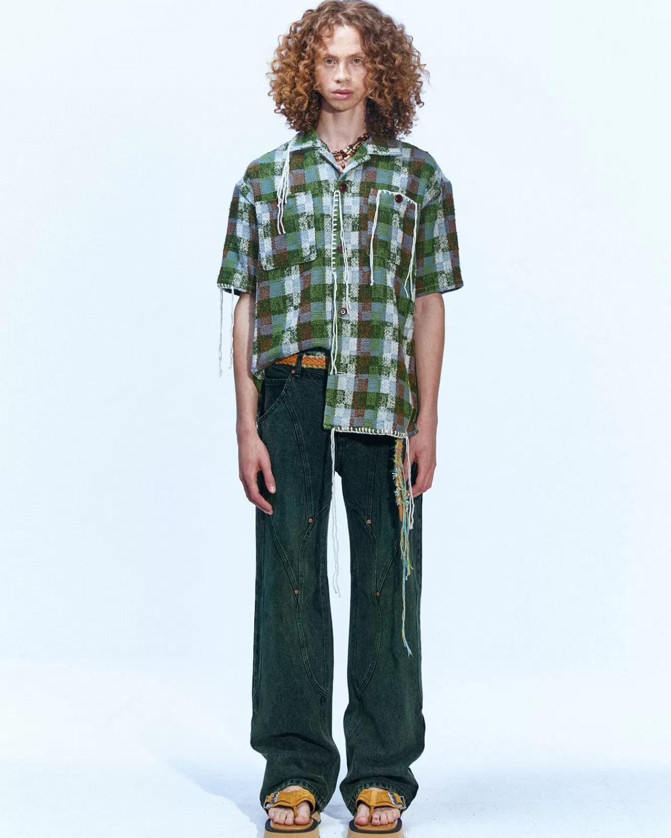 Men Andersson Bell Brick Curve Panel Wide Jeans Apa609M(D.Green)