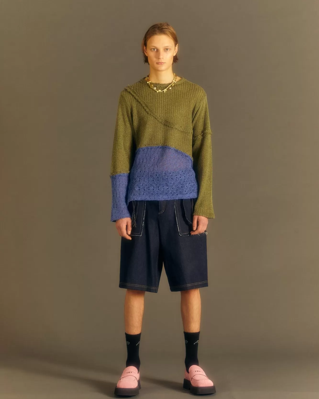 Men Andersson Bell Contrast Panel Boatneck Sweater Atb860M(Khaki/Blue)