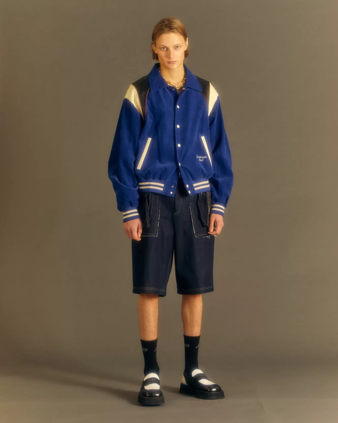 Men Andersson Bell Corduroy & Leather Varsity Jacket Awa505M(Blue)