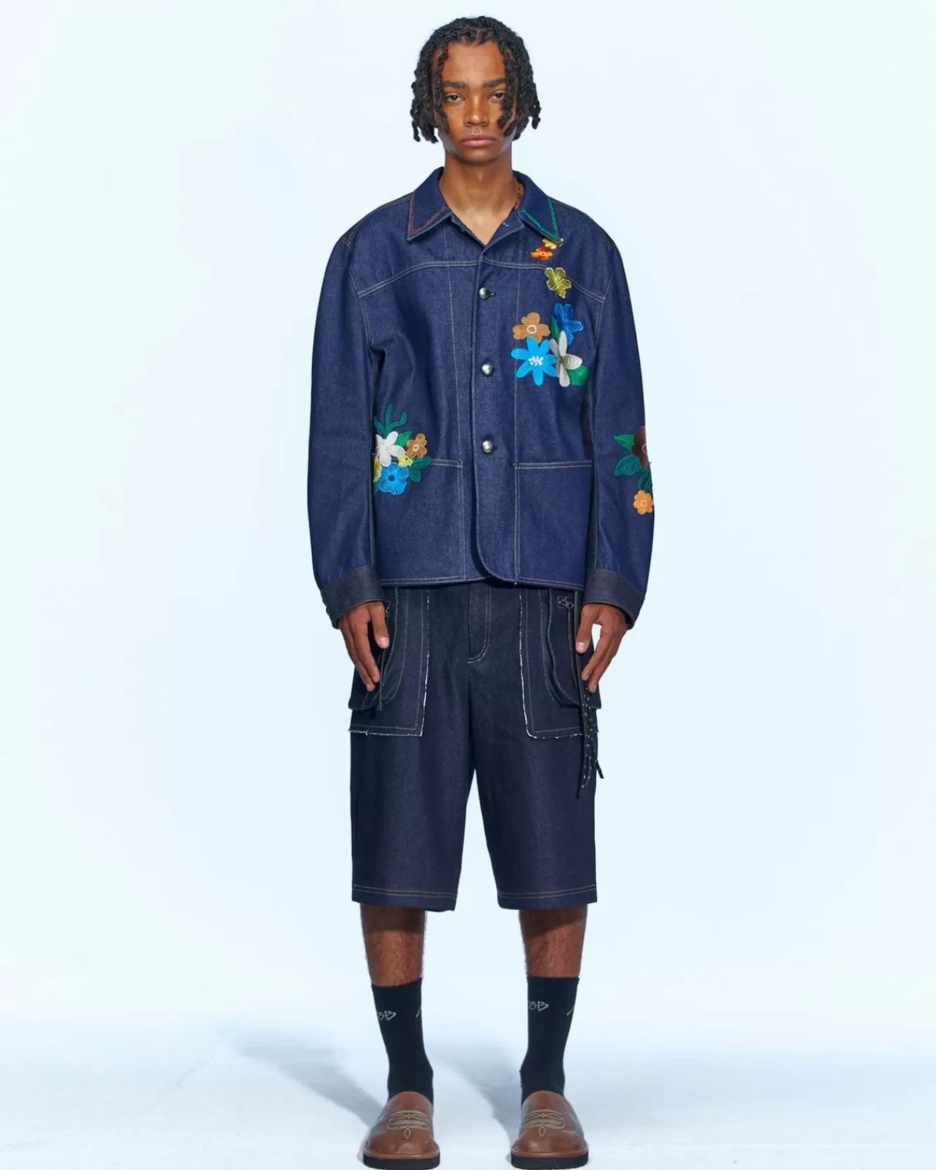 Men Andersson Bell Flower Embroidery Chore Jacket Awa534M(Indigo)