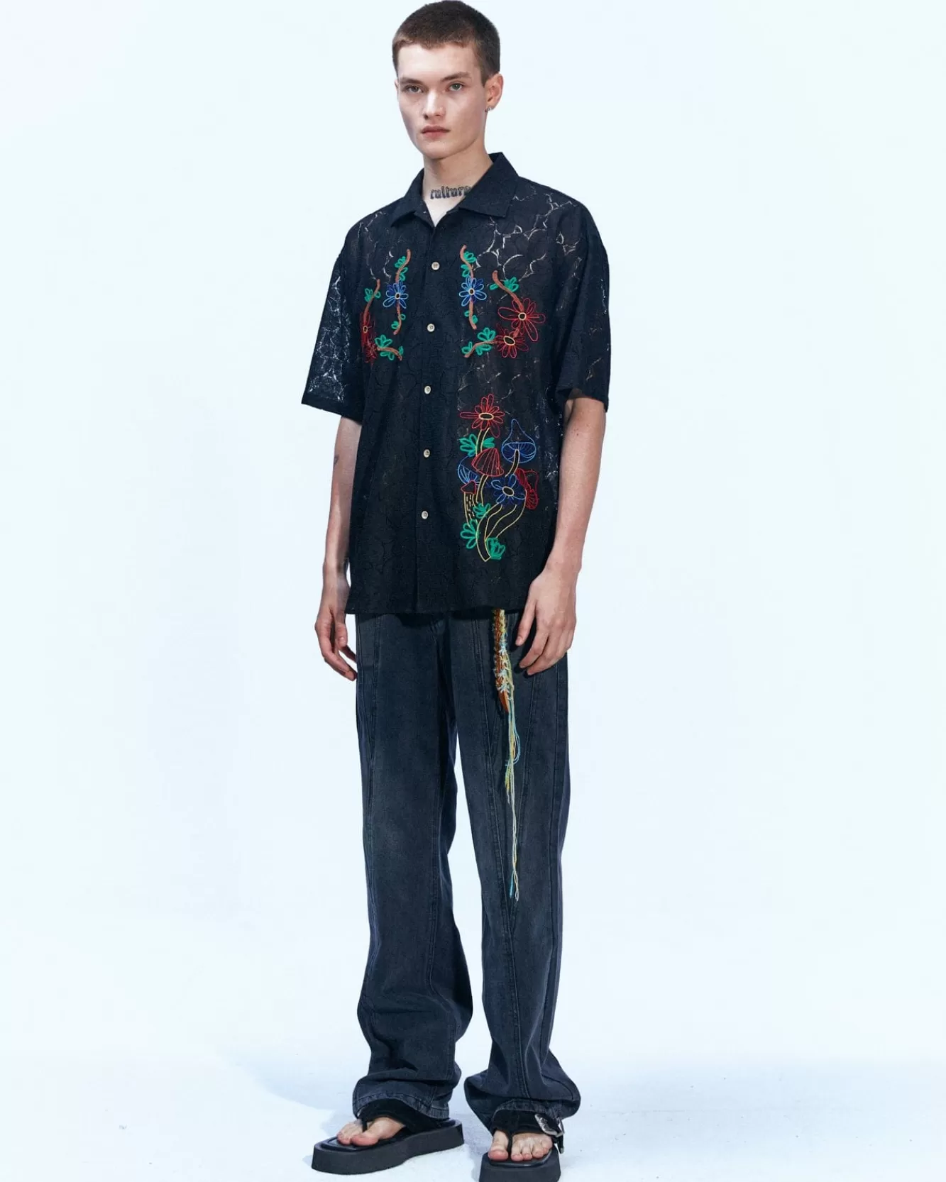 Men Andersson Bell Flower Mushroom Embroidery Open Collar Shirts Atb846M(Black)