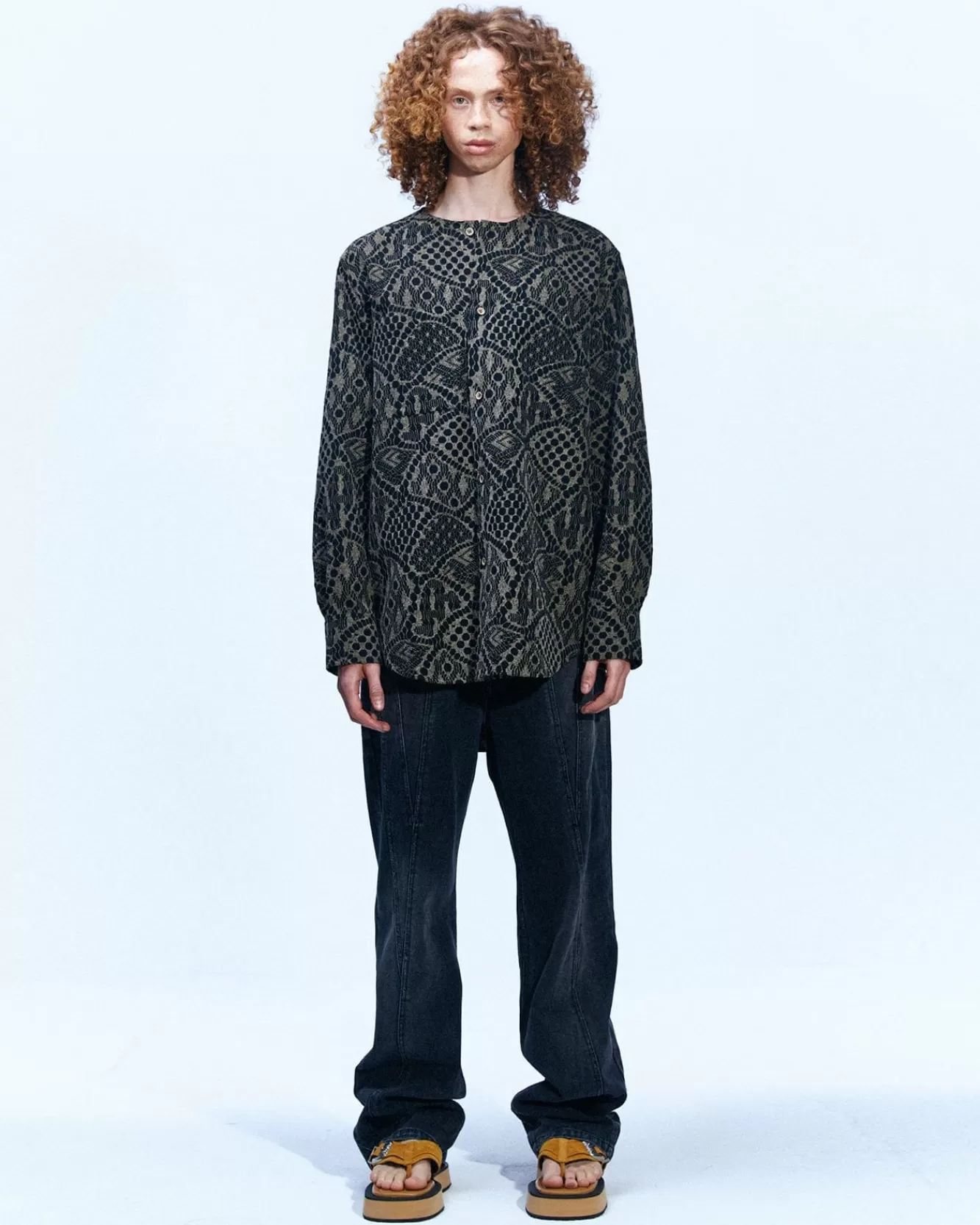 Men Andersson Bell Leaf Embroidery Collarless Shirt Atb847M(Brown)