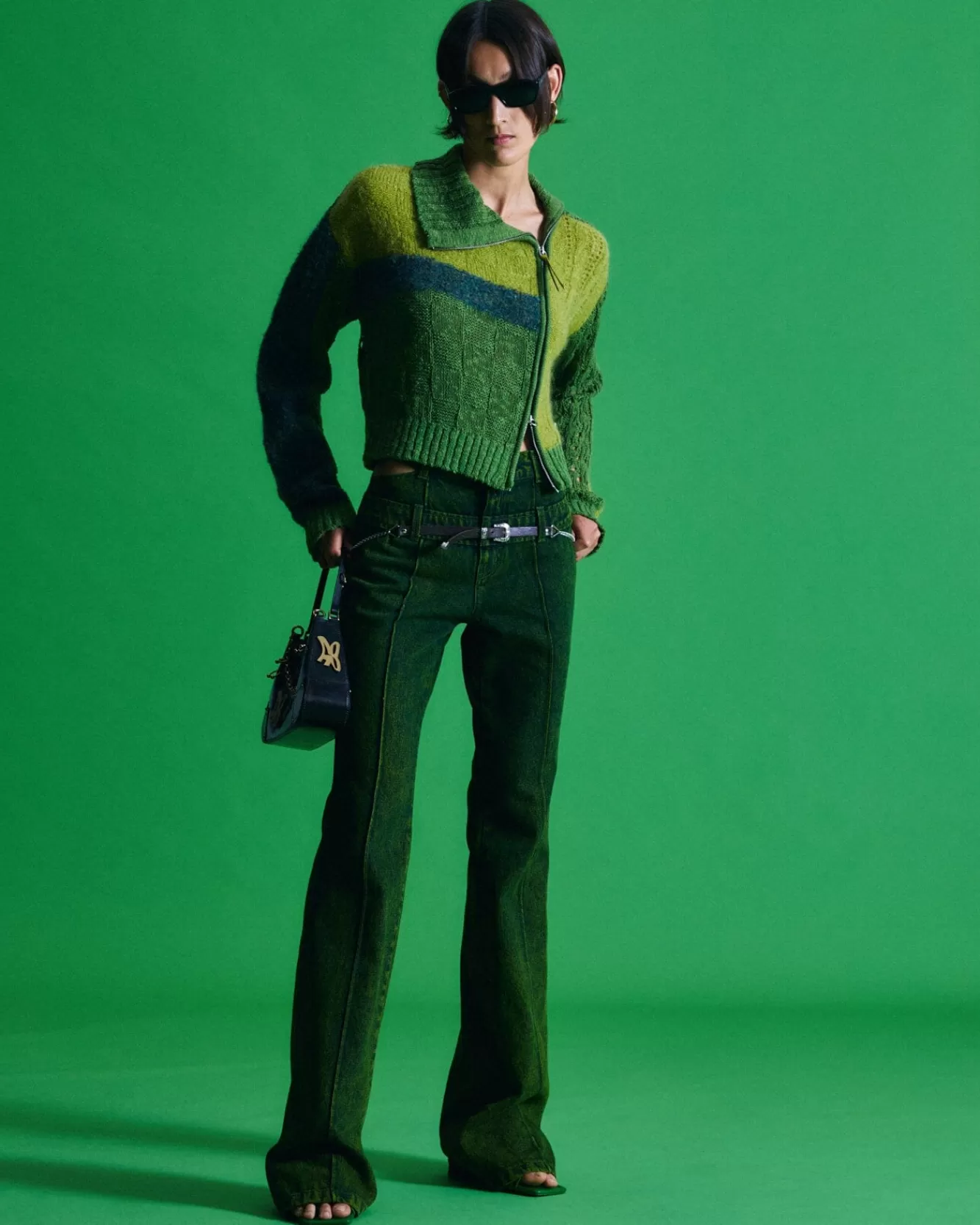 Women Andersson Bell Patchwork Collar Knit Zip Cardigan Atb871W(Olive)