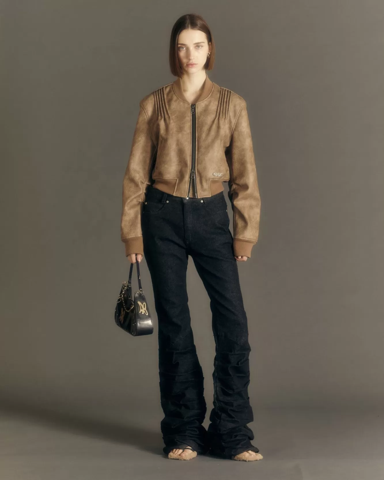 Women Andersson Bell Tanya Faux Leather Pintuck Bomber Jacket Awa516W(Beige)